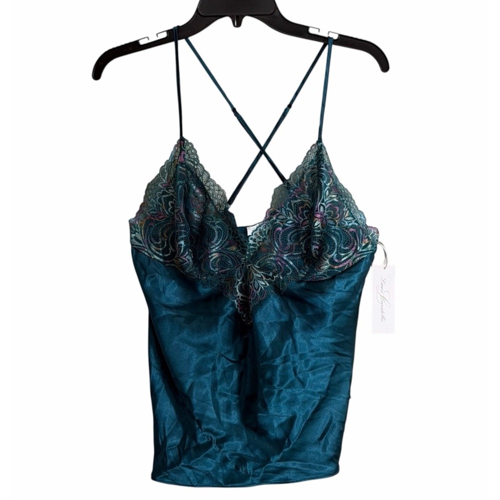 NWT Linea Donatella XL Camisole Slip Satin Strappy-Back Adjustable Lace Teal